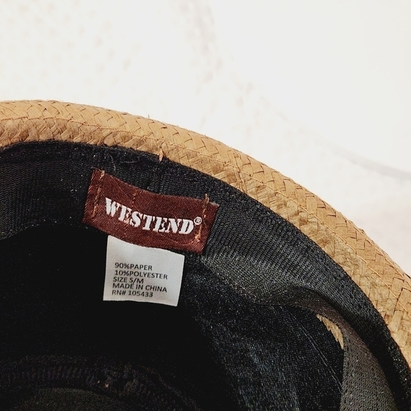 Westend Fedora Woven Paper Braid Mesh Tan Hat Size Small/Med Black Band Feather - Picture 7 of 9